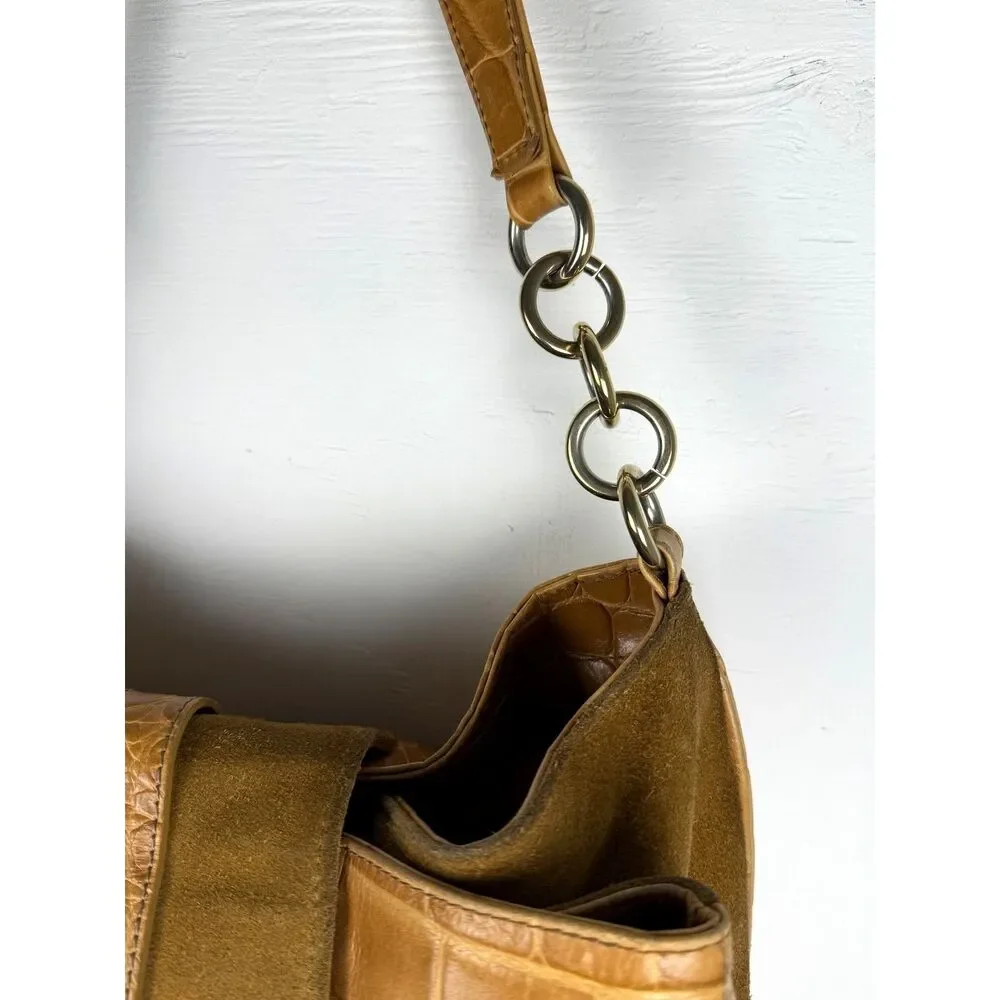 Y2K Vintage Furla Italian Leather Croc‎ Embossed Shoulder Bag Camel Hobo Purse